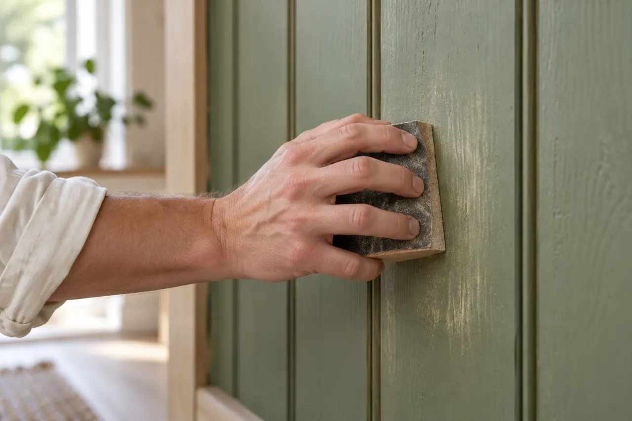 KI-laga illustrasjon av ei hand som slipar eit grønmåla panelbord med slipekloss