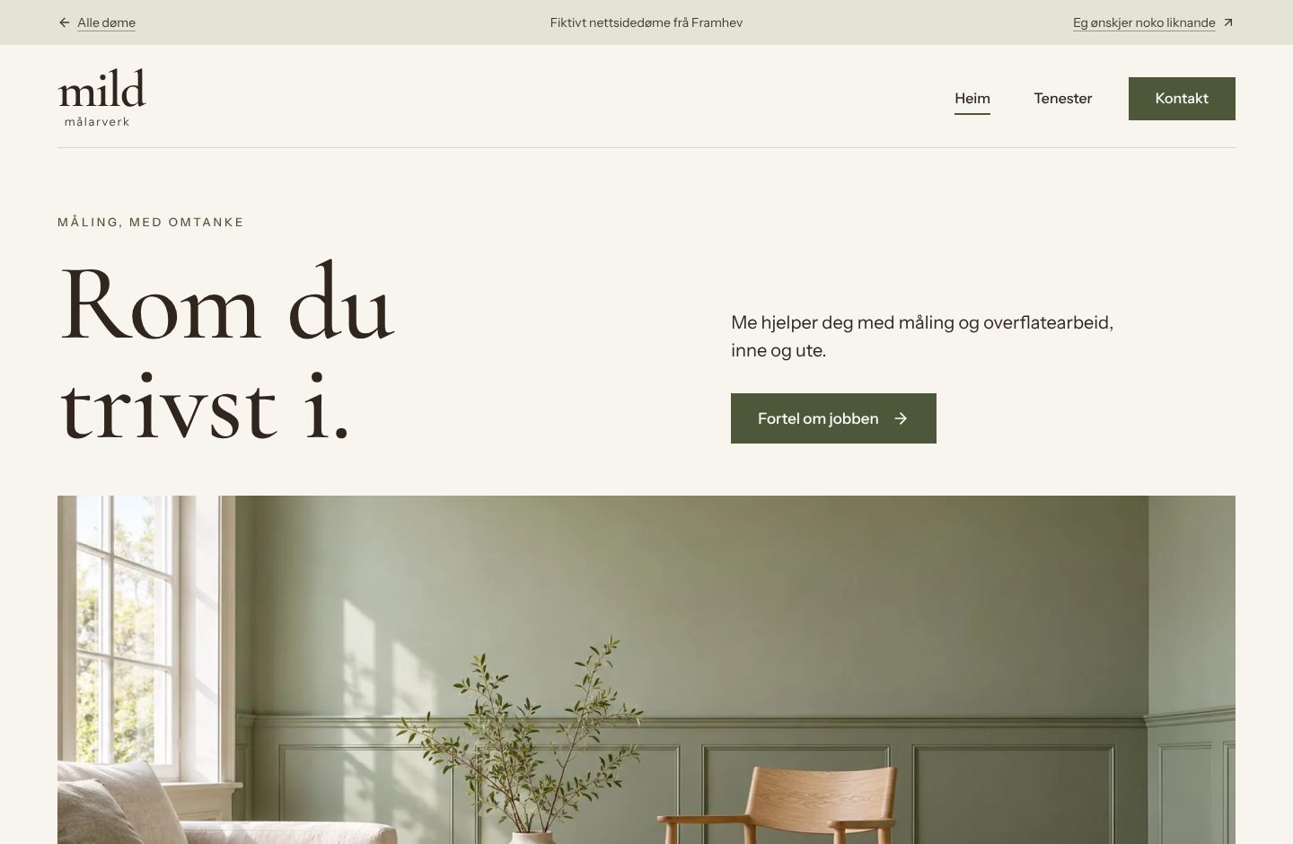 Førehandsvising av Mild målarverk med stor serifoverskrift og grøn stove